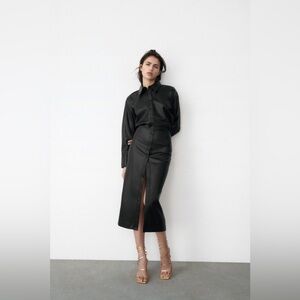 Zara Faux Leather Black Midi Dress | Long Sleeve, Button Down, gathered | Size M